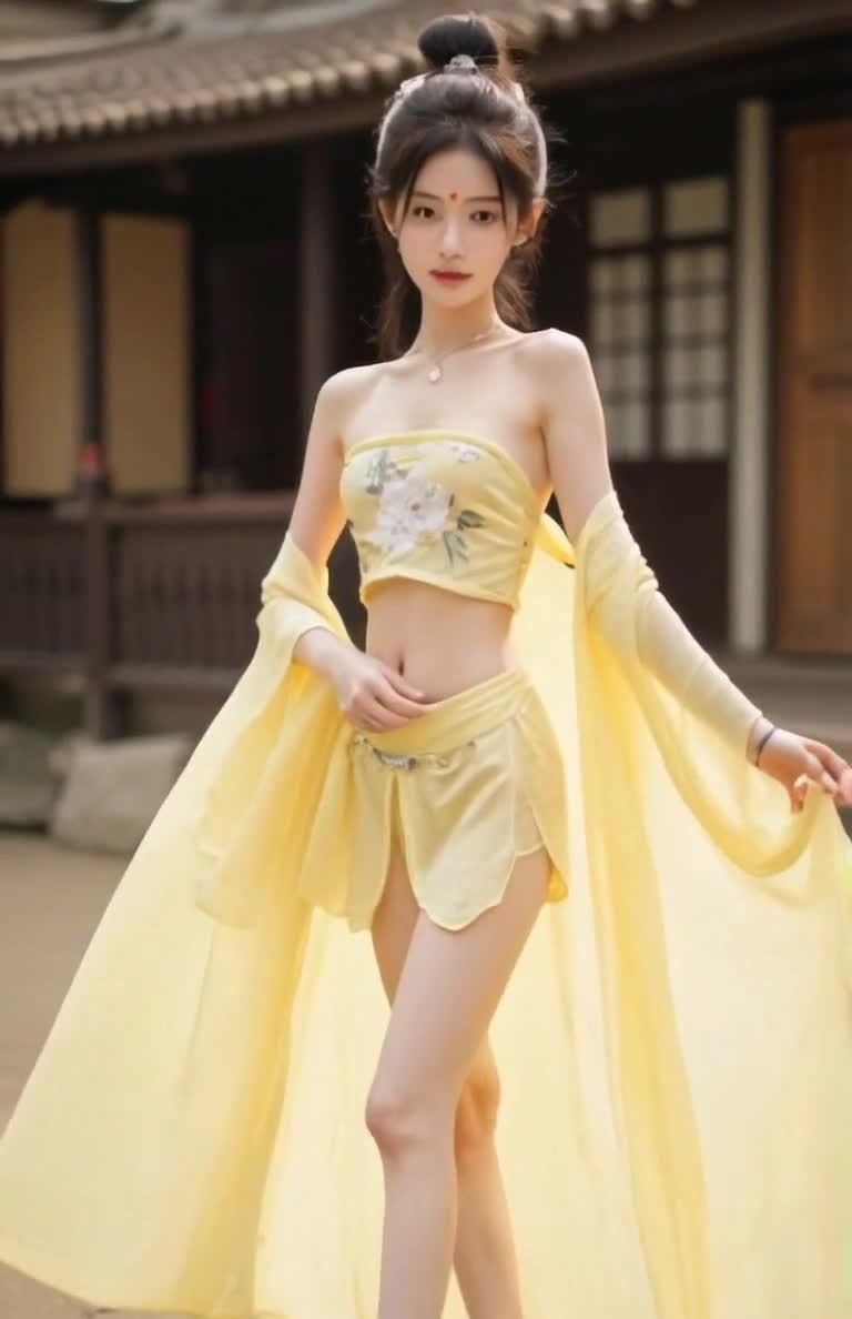 古装女子身着黄色抹胸，立于木质建筑前。
