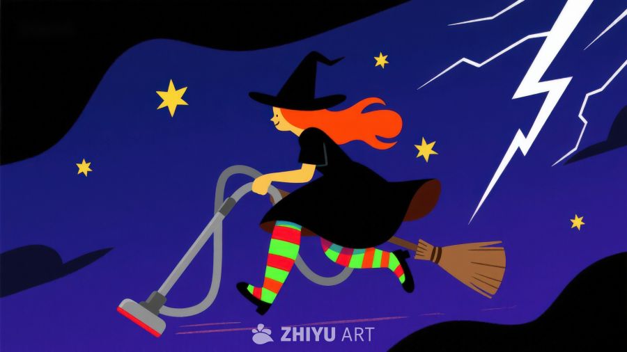 巫女夜空骑扫帚吸尘