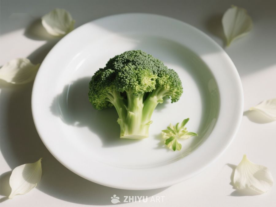 盘中西兰花与花瓣的静谧组合 285