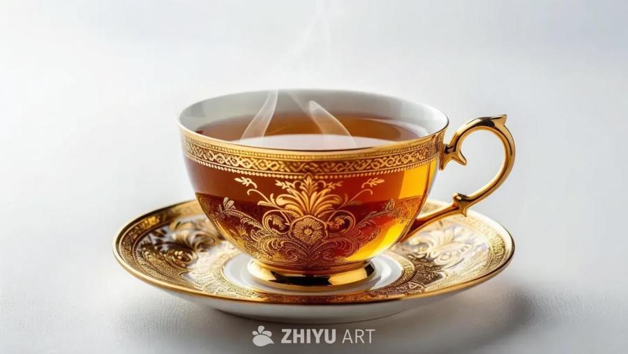 一个装饰华丽的茶杯位于明亮的白色背景的左侧，茶杯上