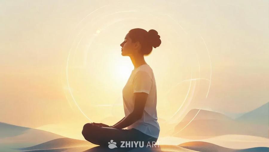 一个身穿白色T恤的女性盘腿坐在沙丘上，女性的头微微