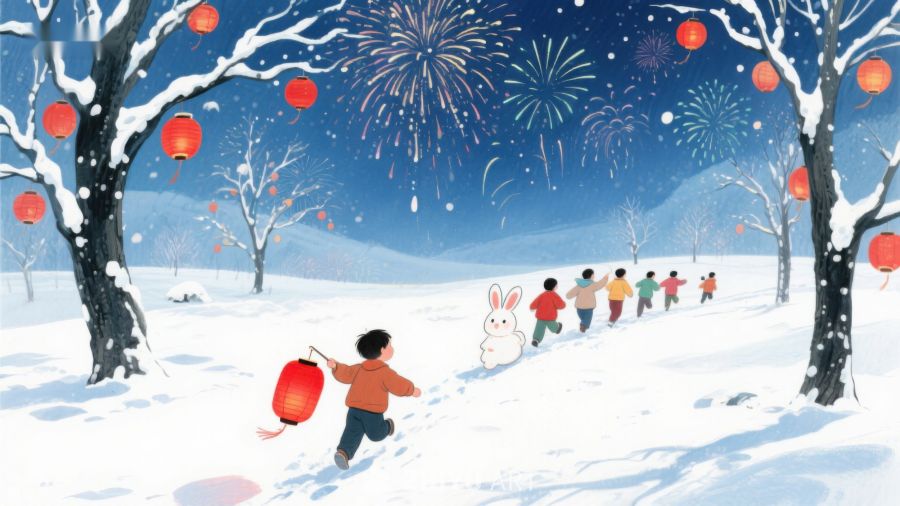 雪夜灯笼游，烟花映童趣 1080