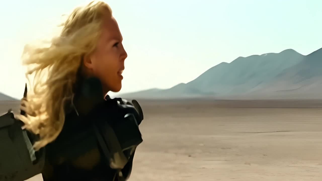 沙漠中的女性手持大型武器，似乎正在射击。她金发飘逸