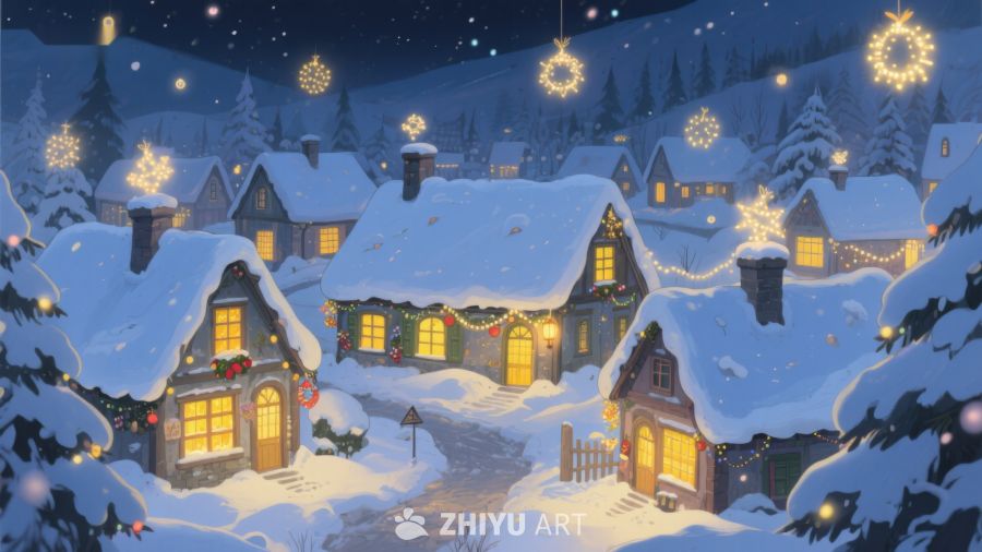 雪夜小镇的温馨灯火 436