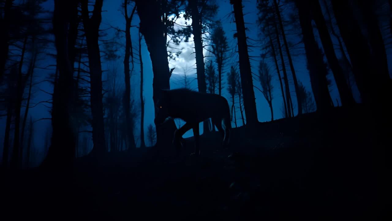 夜晚森林中的狼：狼在黑暗的树林中月光下潜行。树木在