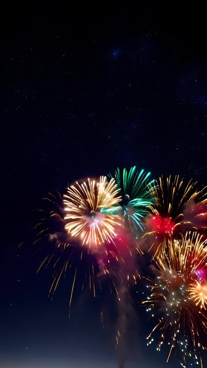夜空中绽放着五彩缤纷的新年烟花，金、红、蓝、绿色的