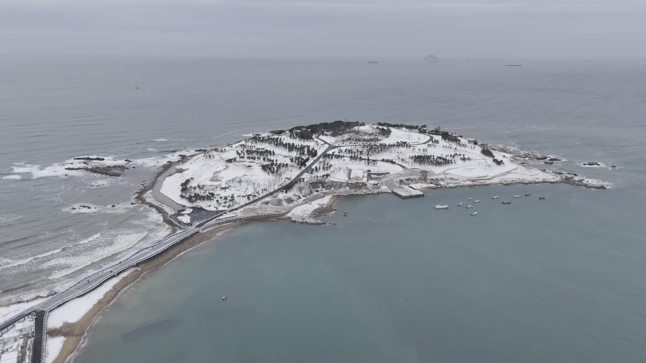青岛小麦岛海边雪景航拍 7