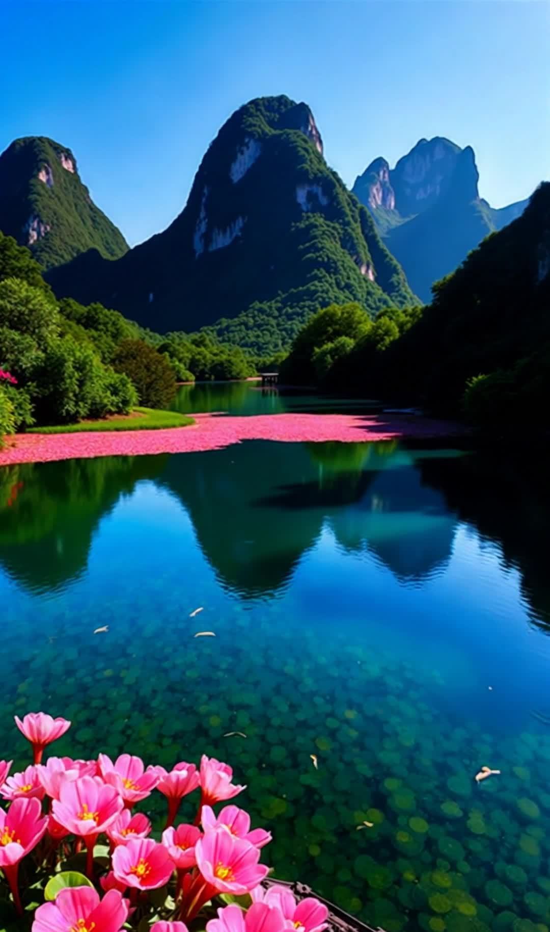 花满江水映青山：秀美自然风光如画卷