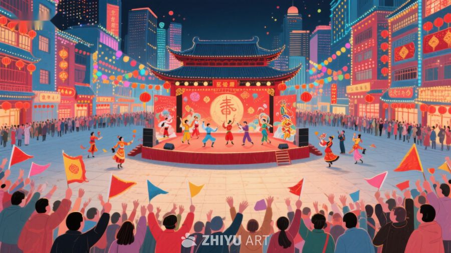 夜市庆典：舞台表演与人群欢庆 1238