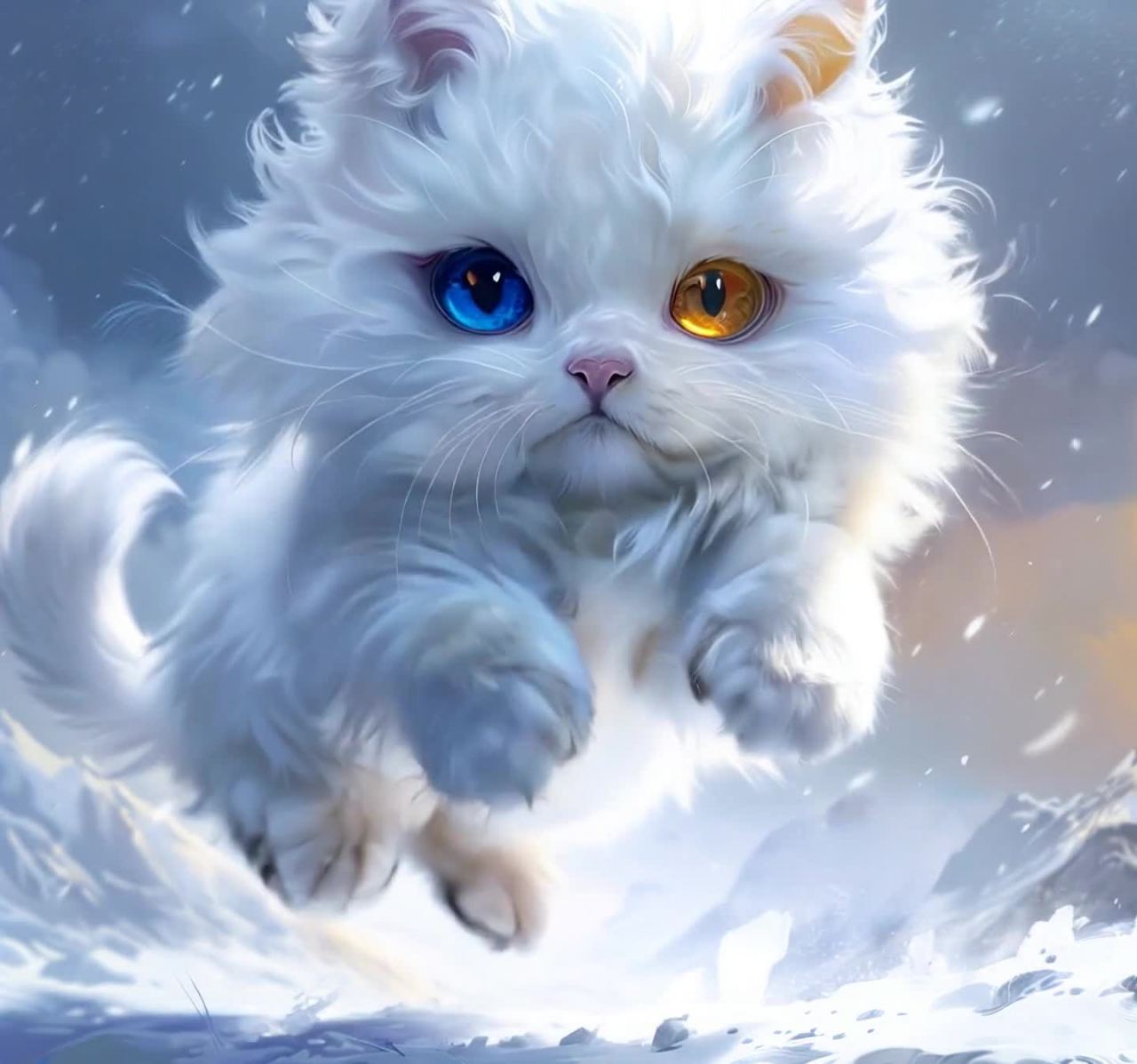 雪地里毛发蓬松的白猫，异色瞳眸眼神灵动。