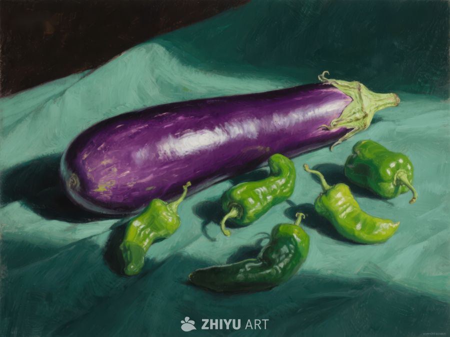 紫色茄子与绿色辣椒的静物画 870