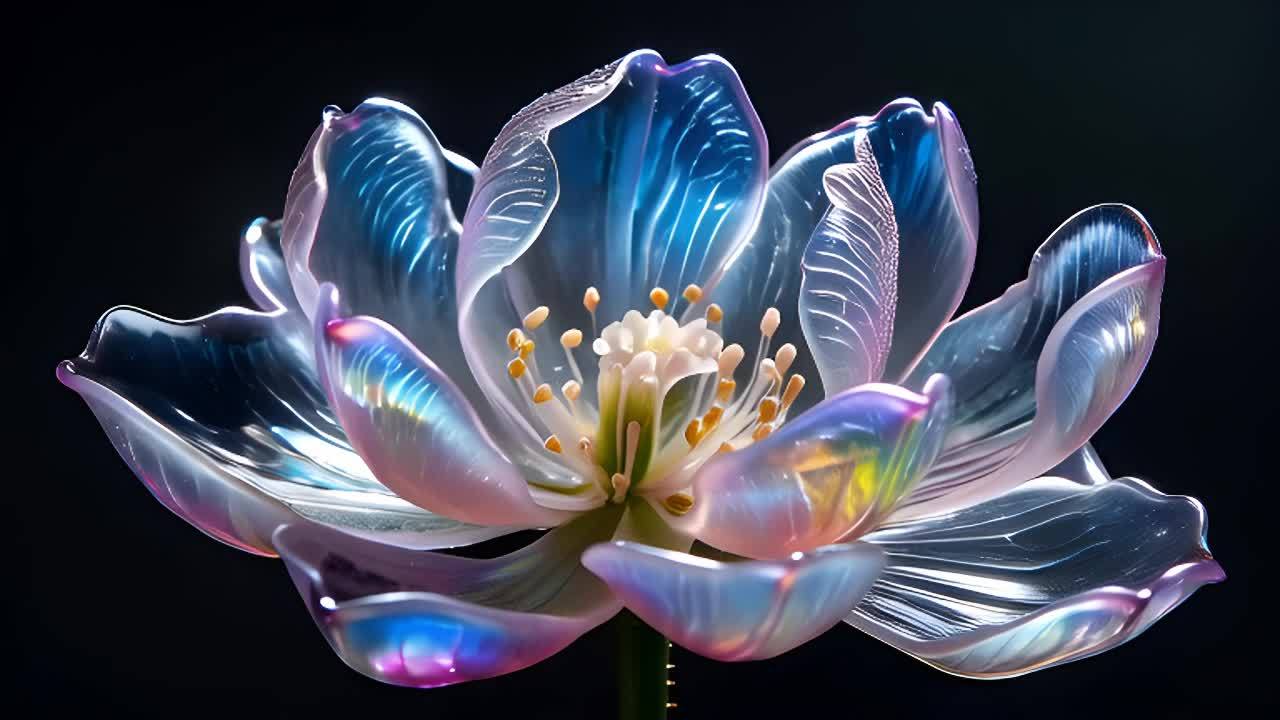 一个吹制的玻璃花，带有淡淡的紫色色调，位于一个黑暗