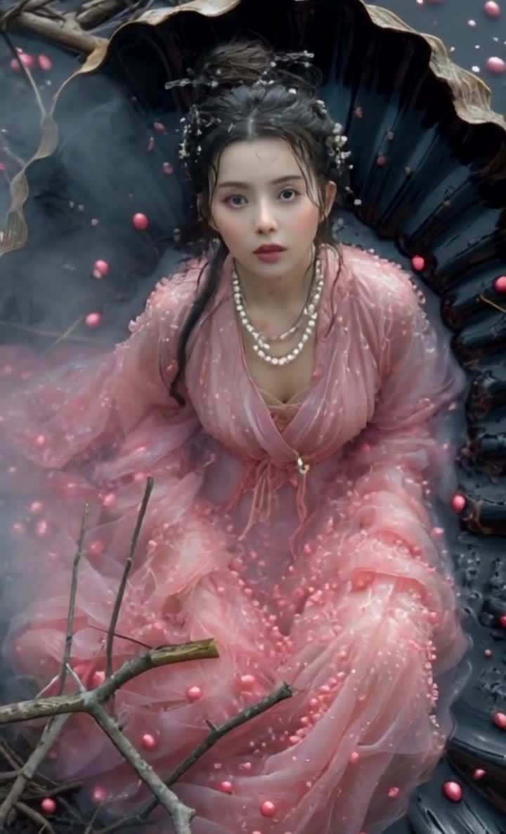 一位年轻女子，穿着粉色半透明的长袍，脖子上戴着珍珠