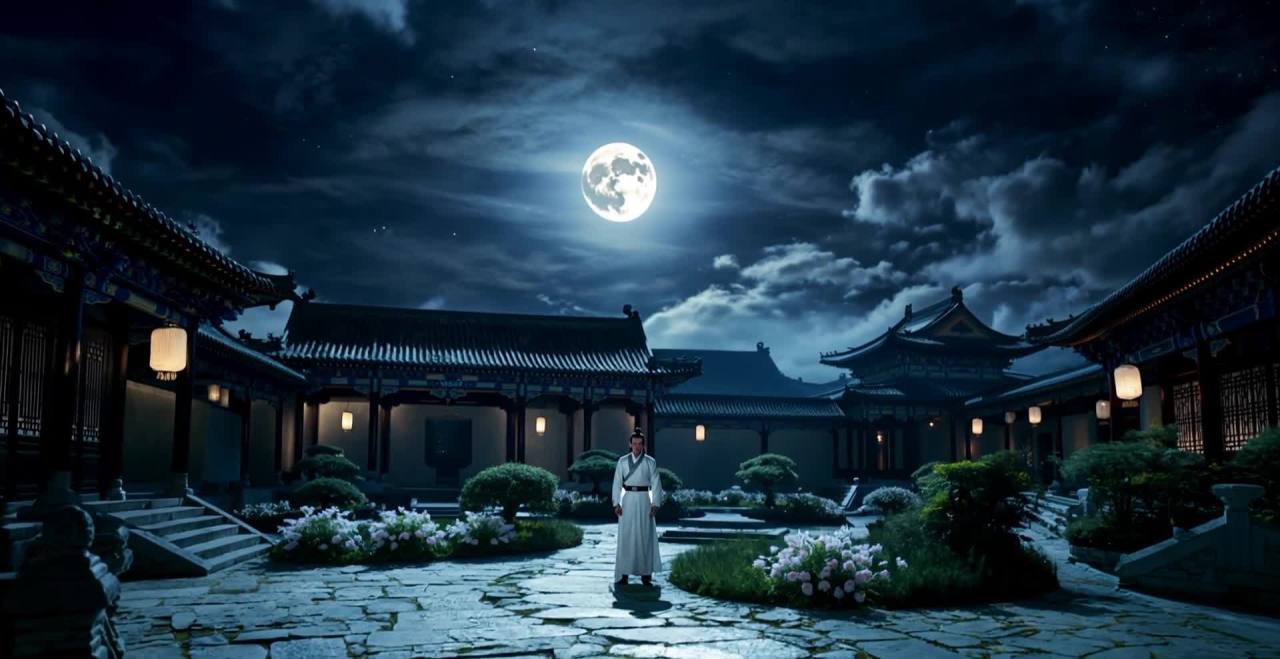 夜晚的庭院中，一轮明月悬挂在天空。一位身穿白色古代
