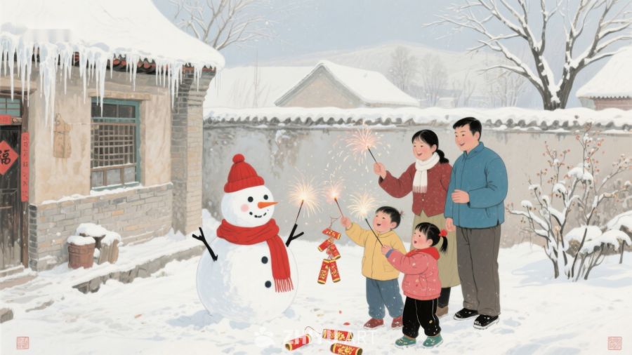 冬日雪景中一家四口与雪人共庆 187