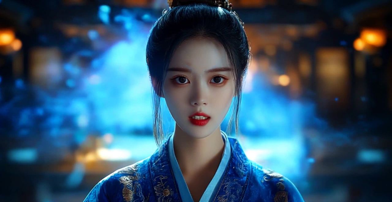 蓝色服饰美女与蓝色粒子光辉