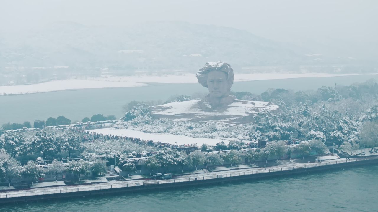 湖南长沙橘子洲头雪景航拍 1