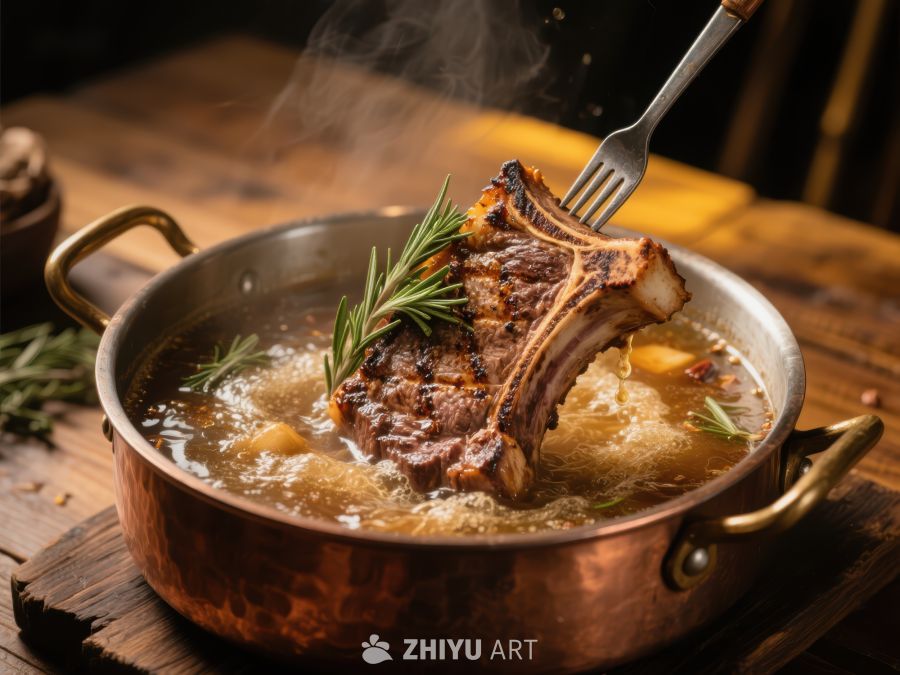 铜锅炖煮的美味牛排 714