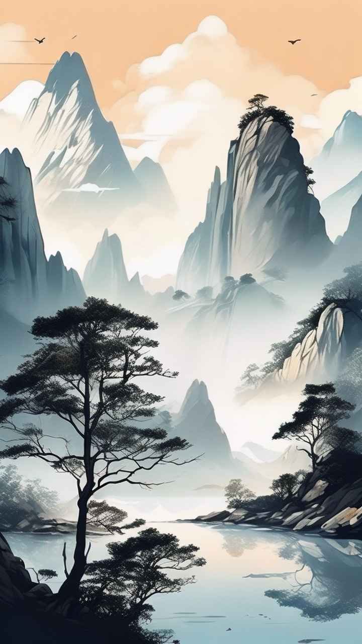 国风水彩画山水风景插画 35
