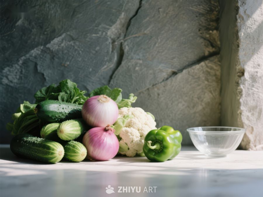 新鲜蔬菜与透明碗的静物组合 700