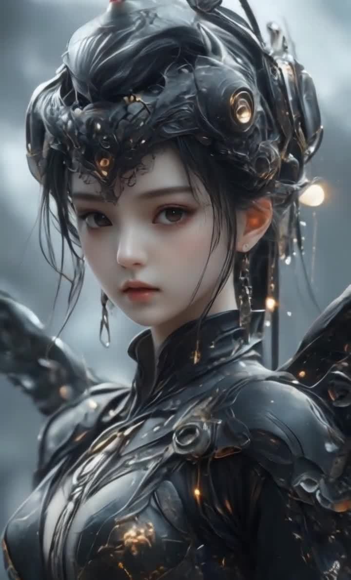黑甲金饰女子雾背景肖像