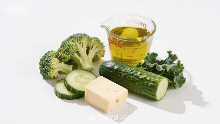 新鲜蔬菜与橄榄油食材组合