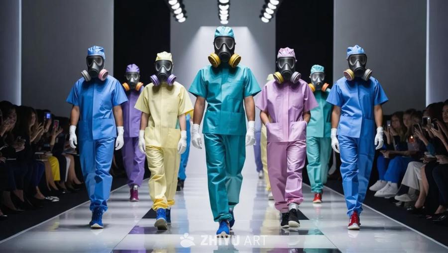 在T台上，一群穿着不同颜色手术服和戴着彩色防毒面具