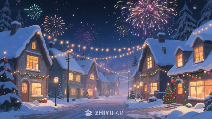 雪夜小镇的节日烟花 443