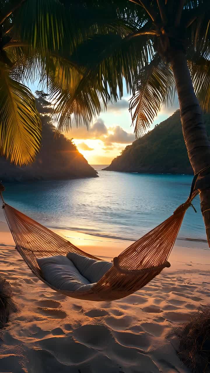 日落时分的宁静海滩，一棵树上挂着一个大吊床，空无一