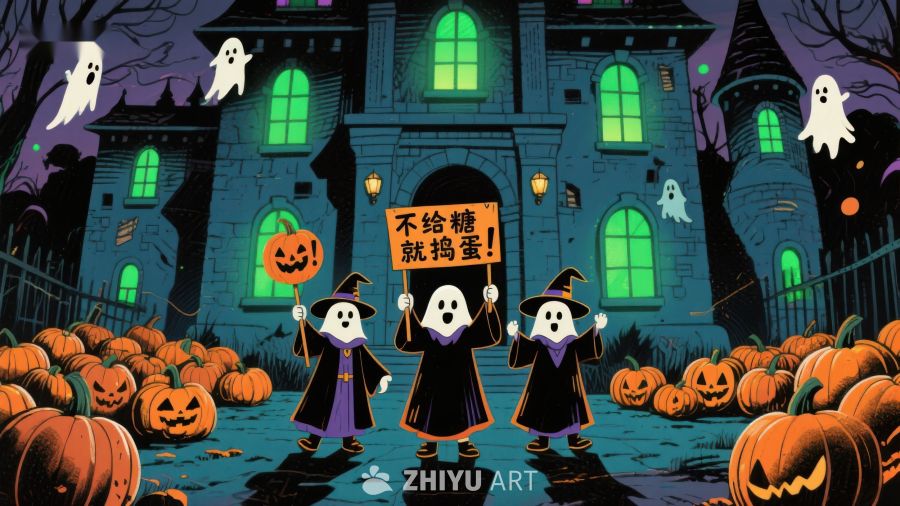 万圣节夜景：小巫师讨糖