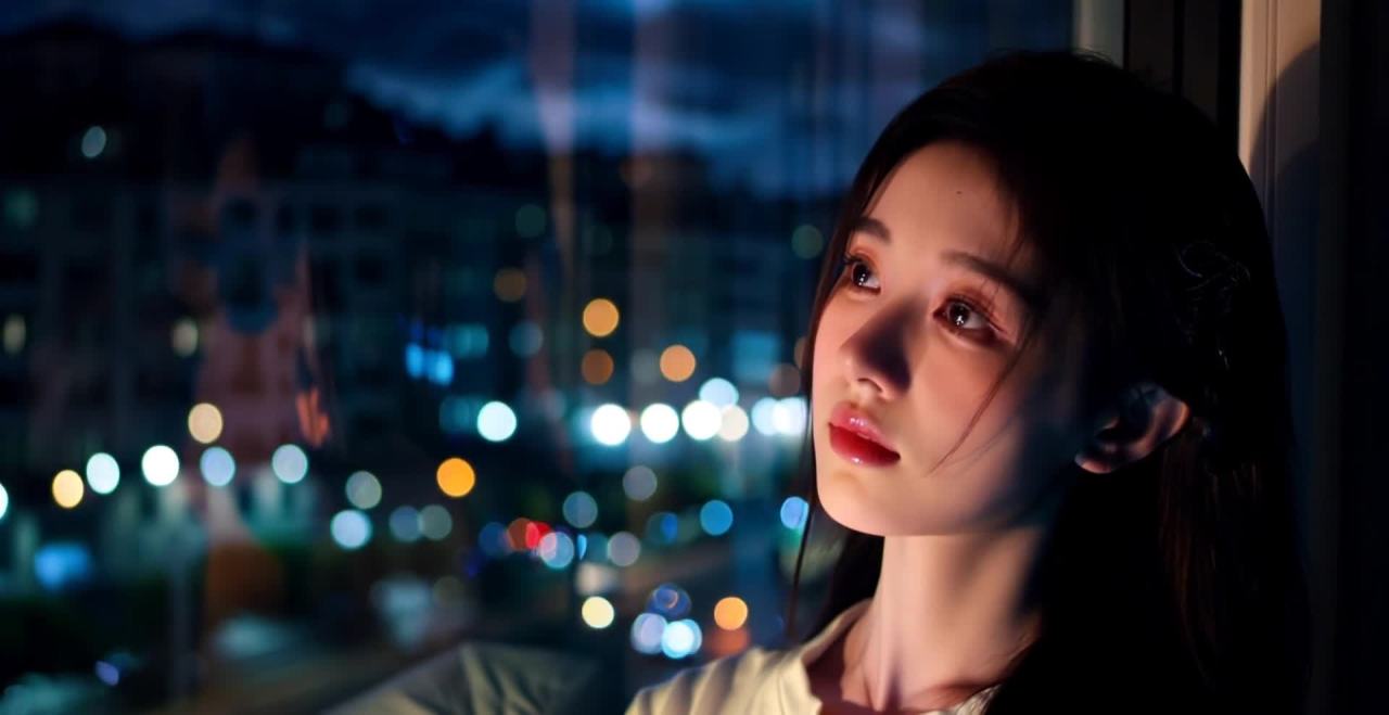 窗边凝视的女子，夜景灯光映衬柔美面容