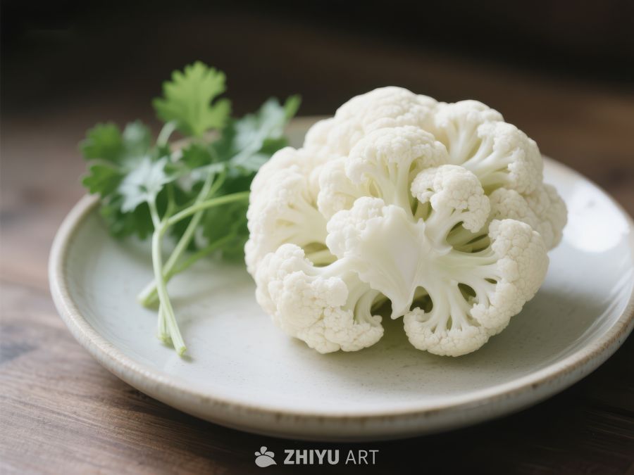 新鲜花椰菜与香草置于盘中 446