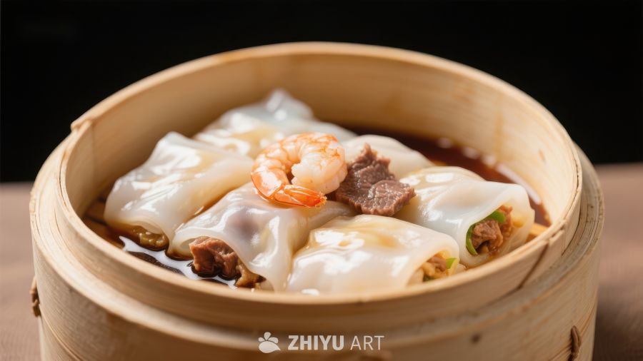 蒸笼中的鲜美虾仁肠粉