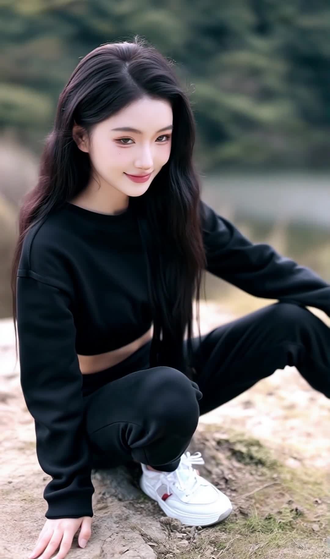 一名年轻女性坐在户外环境中。她留着黑色长发，穿着黑