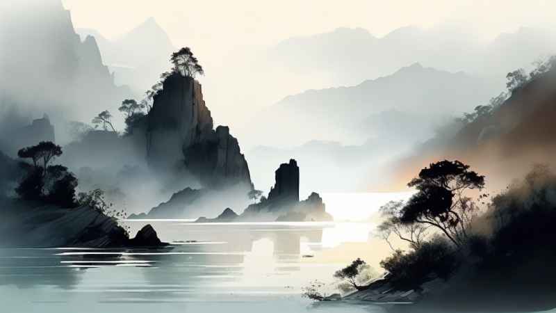 雾气缭绕水墨山水画简约风格 73