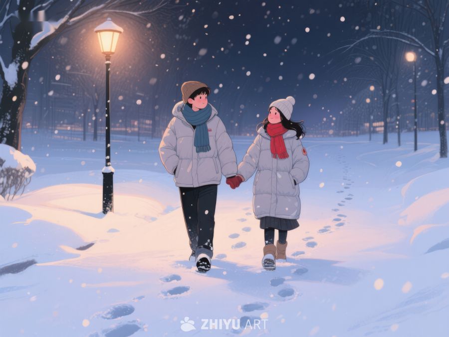 冬夜雪中漫步的两人 147