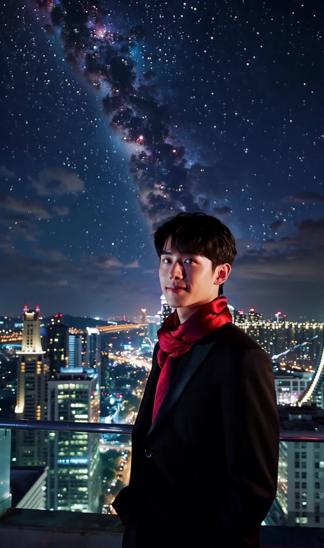 一名年轻男子站在高楼之上，身穿黑色西装，佩戴红色围