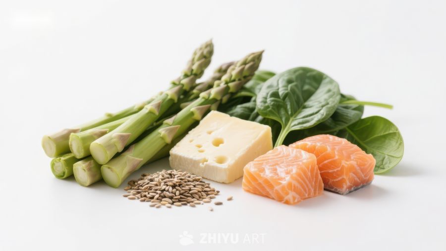 健康食材组合：芦笋、三文鱼、奶酪与菠菜