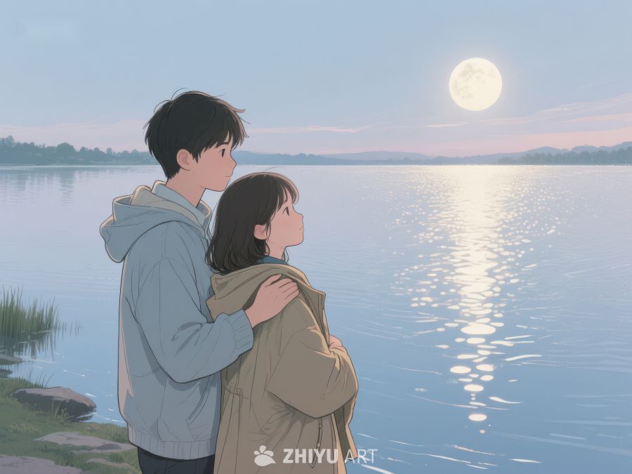 月下湖畔，情侣相拥 1214