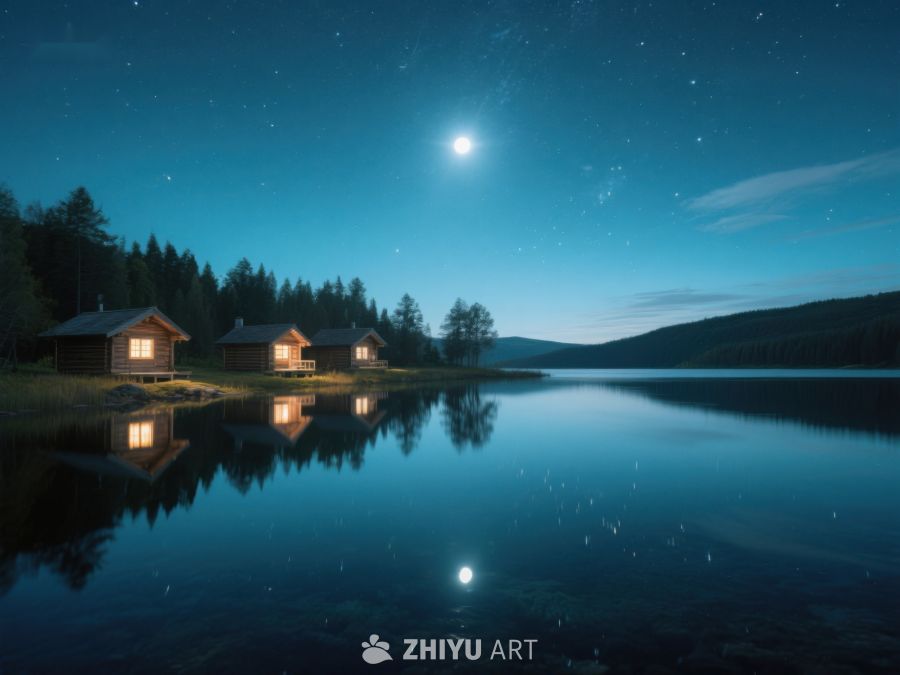 月夜湖畔小屋倒影 587
