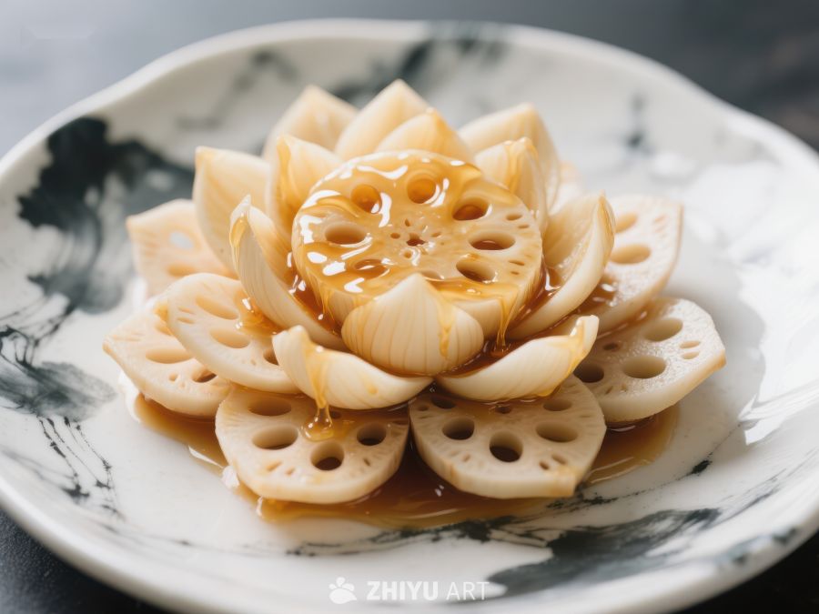 莲藕花式摆盘，淋上浓郁酱汁 795