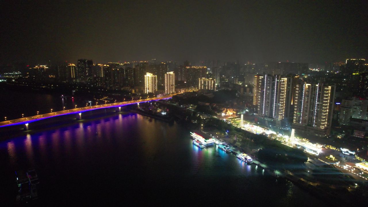 广西南宁邕江夜景灯光航拍 