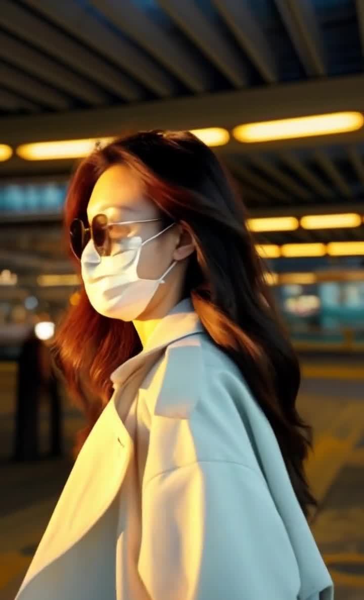 城市夜景下佩戴口罩的时尚女子行走