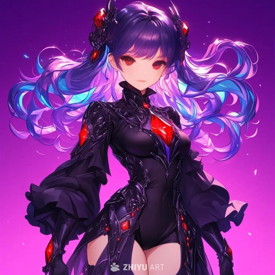 一个穿着黑色贵族服装的年轻动漫女孩站在紫色的背景前