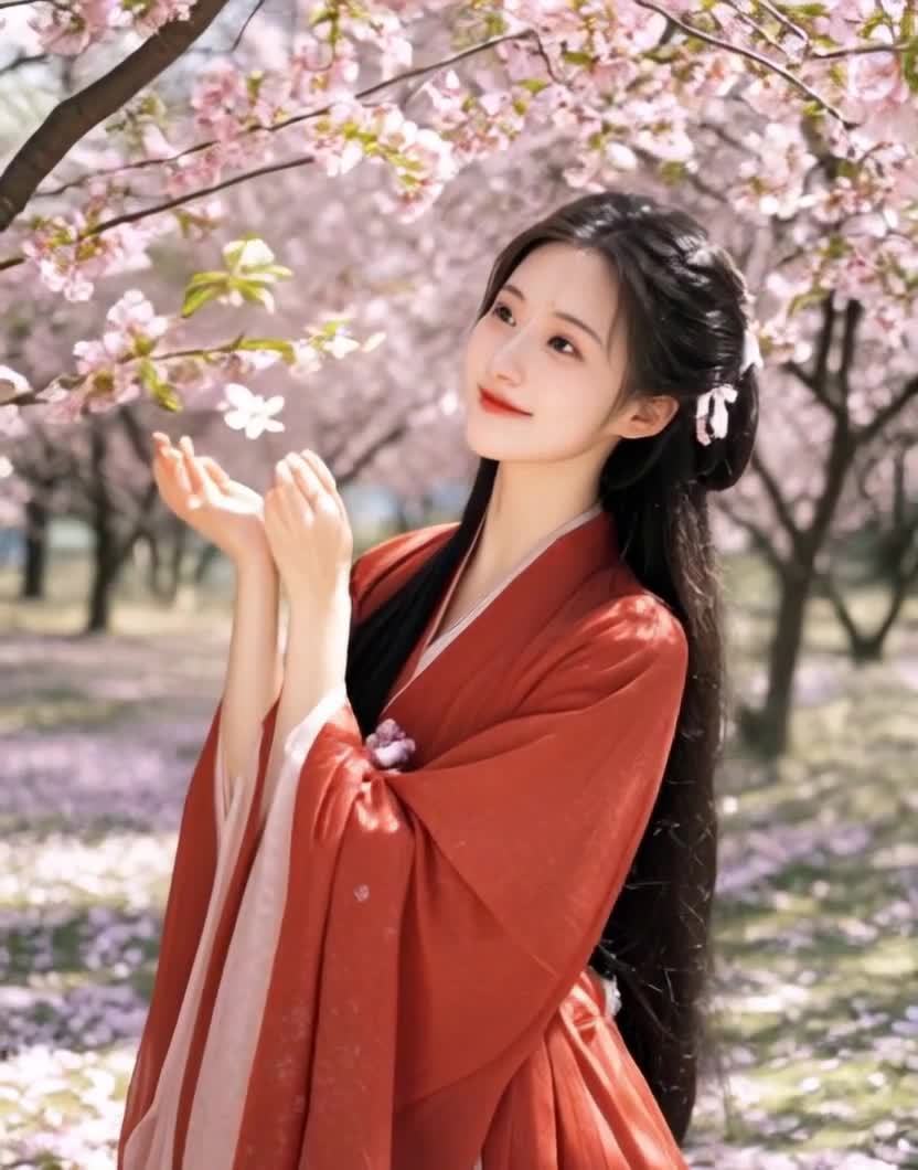 一位身着红色汉服的年轻女子站在一棵开满粉色花朵的树