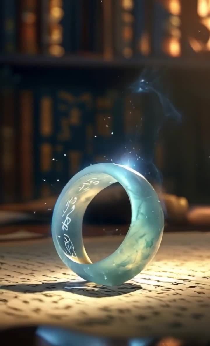 一个古老的魔幻戒指被神秘的蓝色魔法能量环绕，戒指呈