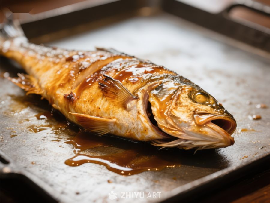 烤鱼特写：金黄酥脆，酱汁浓郁