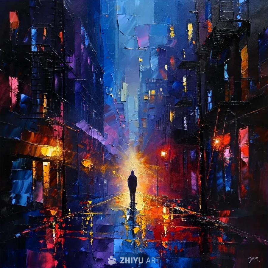 一幅印象派风格的画作，描绘了一座笼罩在黑暗中的城市