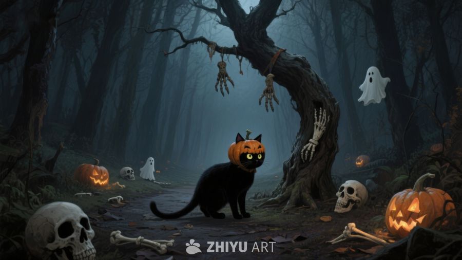万圣节森林中的黑猫与南瓜灯