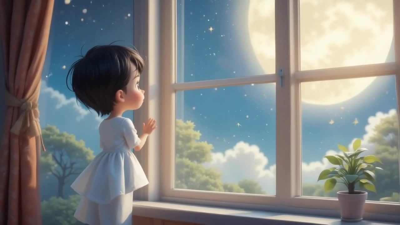 一个穿着白色连衣裙的小女孩正望着窗外夜空，她的小手